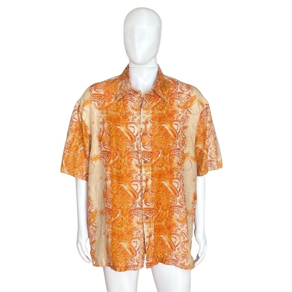 Syllables Men's Camp Shirt XL Orange & Cream Paisley Short Sleeve Button - Picture 10 of 12